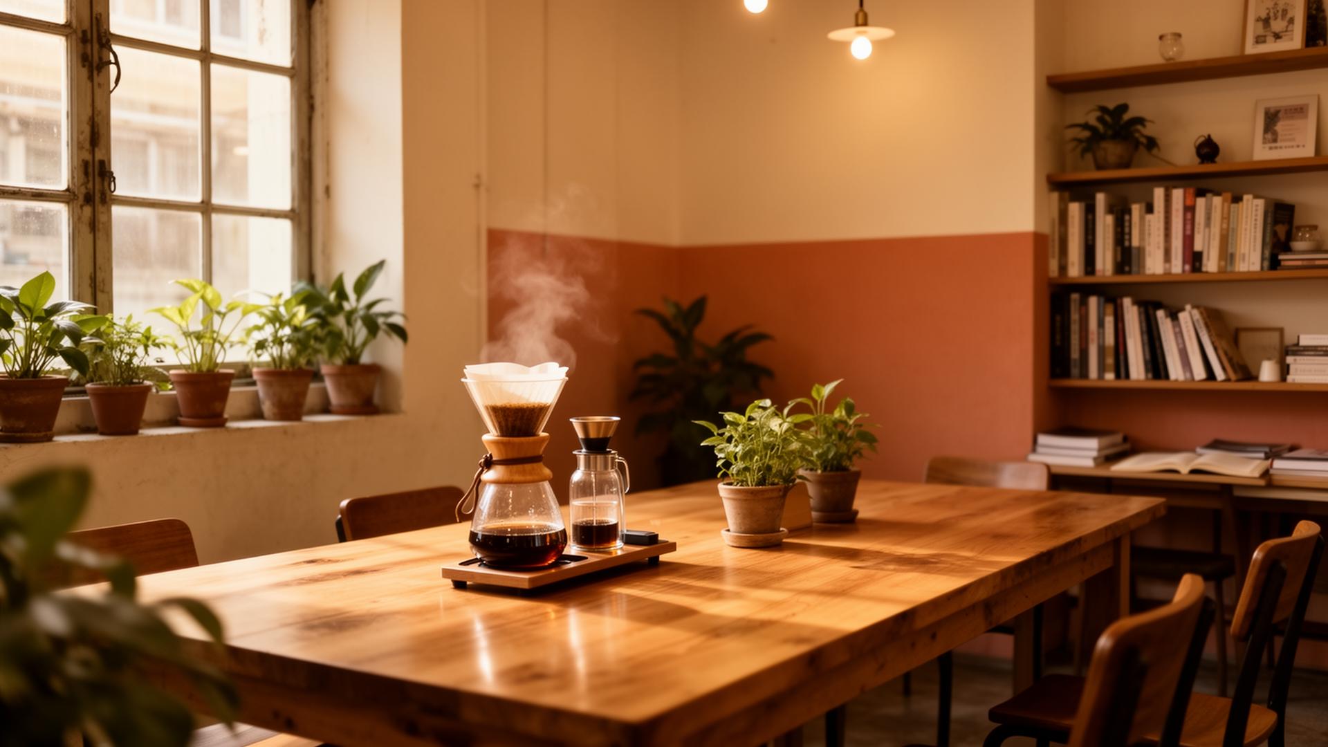 Warm interior of Pavilion Café in Mongkok with hand-drip coffee on a wooden table