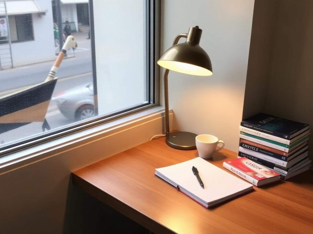 Quiet study desk inside Pavilion Café with lamp and notebook